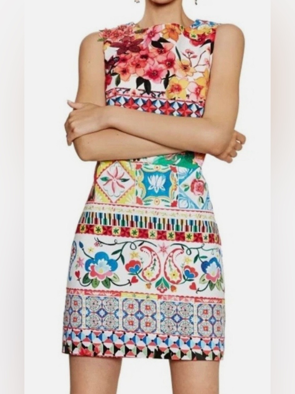 Desigual Angelina Vibrant Floral Patchwork Sheath Dress Size EU 38 US 6
